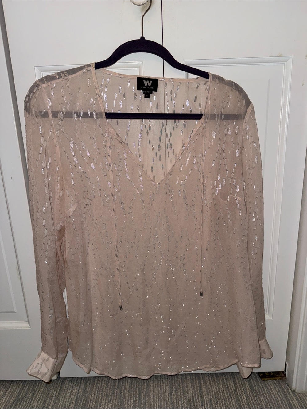 W by Worth Dusty Pink Sheer V-Neck Blouse with Metallic Accents